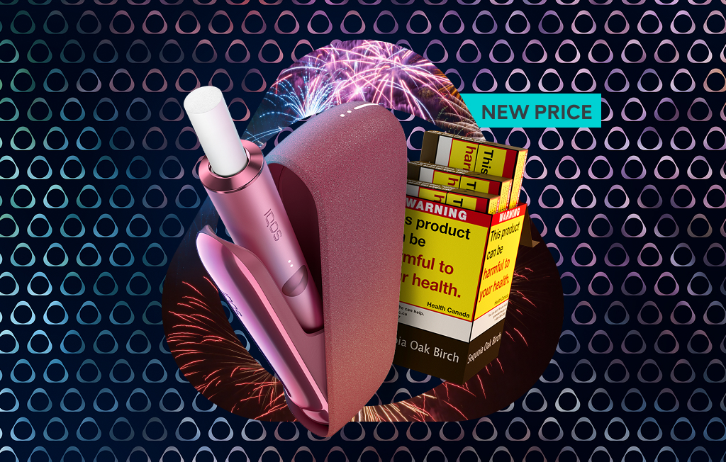 An IQOS ILUMA device and a carton of TEREA 54s. Includes a “NEW PRICE” tag.
